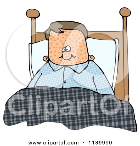 Cartoon of a Caucasian Boy Sick with Measles, Sitting up in Bed - Royalty Free Clipart by djart