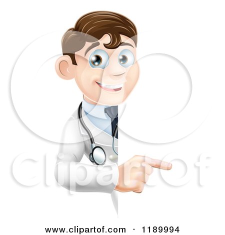 Cartoon of a Happy Brunette Male Doctor Pointing to a Sign - Royalty Free Vector Clipart by AtStockIllustration