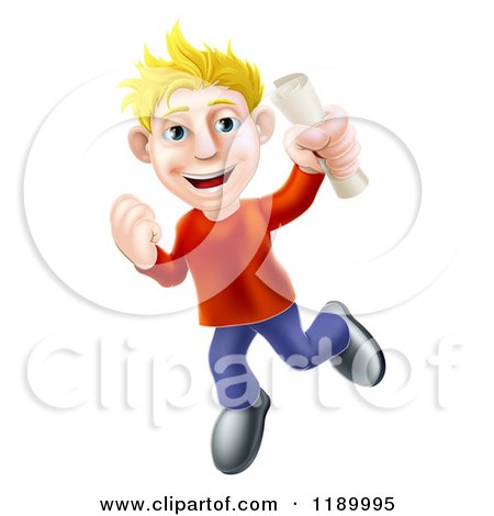 Cartoon of a Happy Young Blond Man Jumping with a Scroll in Hand - Royalty Free Vector Clipart by AtStockIllustration
