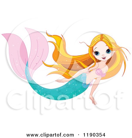 Cartoon of a Swimming Pretty Mermaid with Long Strawberry Blond Hair - Royalty Free Vector Clipart by Pushkin