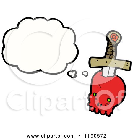 Cartoon of a Red Skull with a Dagger Thinking - Royalty Free Vector Illustration by lineartestpilot