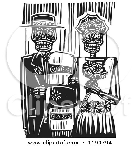 Clipart of a Happy Skeleton Wedding Couple Standing Arm in Arm Black and White Woodcut - Royalty Free Vector Illustration by xunantunich