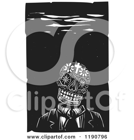 Clipart of a Floral and Cross Skull Underwater Black and White Woodcut - Royalty Free Vector Illustration by xunantunich