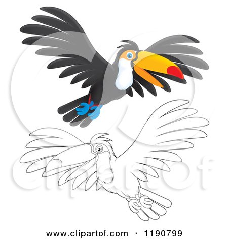 Cartoon of a Happy Toucan Flying in Color and Outline - Royalty Free Clipart by Alex Bannykh