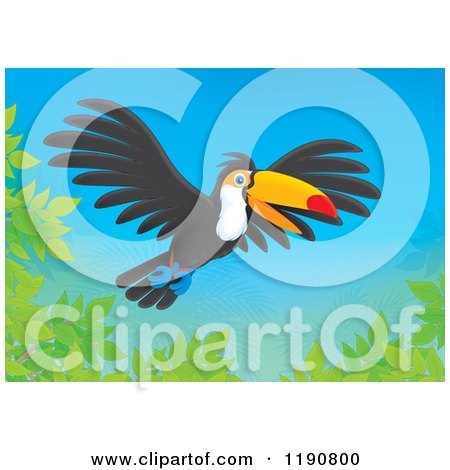 Cartoon of a Happy Toucan Flying over Branches - Royalty Free Clipart by Alex Bannykh