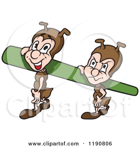 Cartoon of Happy and Grumpy Ants Carrying a Blade of Grass - Royalty Free Vector Clipart by dero