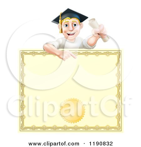 Cartoon of a Happy Blond Graduate Man Holding a Scroll and Pointing down at a Certificate - Royalty Free Vector Clipart by AtStockIllustration
