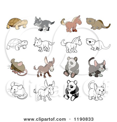 Cartoon of a Tortoise Wolf Horse Otter Mouse Donkey Panda and Kitten in Color and Black and White - Royalty Free Vector Clipart by AtStockIllustration