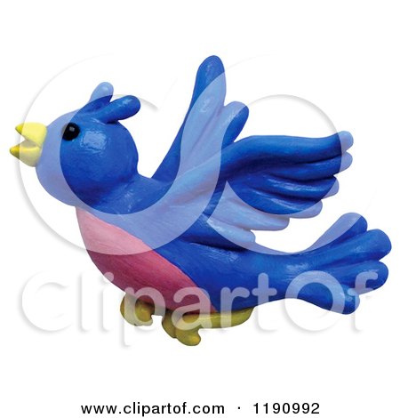 Clipart of a Happy Flying Blue Bird, over White - Royalty Free Illustration by Amy Vangsgard