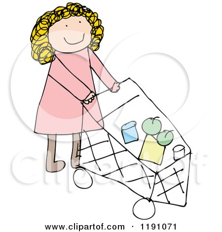 Cartoon of a Mom Pushing a Shopping Cart - Royalty Free Vector Illustration by lineartestpilot