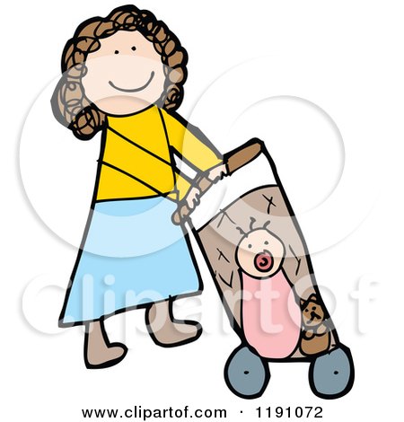 Cartoon of a Mom Pushing a Baby in a Stroller - Royalty Free Vector Illustration by lineartestpilot