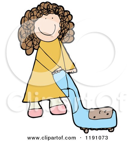 Cartoon of a Mom Pushing a Vaccum - Royalty Free Vector Illustration by lineartestpilot