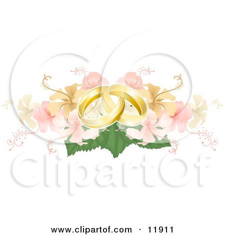 Two Entwined Golden Wedding Rings on a Yellow and Pink Hibiscus Bouquet Clipart Picture by AtStockIllustration