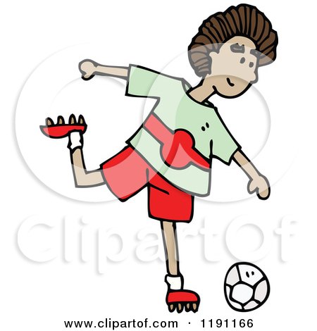 Cartoon of a Boy Kicking a Soccer Ball - Royalty Free Vector Illustration by lineartestpilot