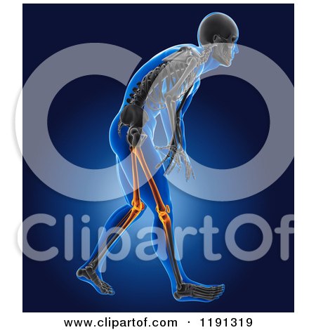 Clipart of a 3d Xray Man with Glowing Thigh Pain and Visible Skeleton - Royalty Free CGI Illustration by KJ Pargeter