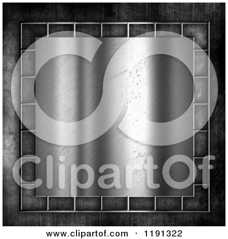 Clipart of a 3d Scratched Brushed Metal Plaque with Wire Frame over Concrete - Royalty Free CGI Illustration by KJ Pargeter