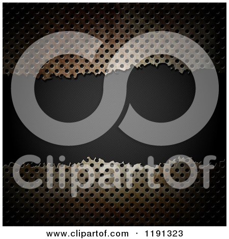 Clipart of a 3d Background of Broken Rusted Perforated Metal over Carbon Fiber - Royalty Free CGI Illustration by KJ Pargeter