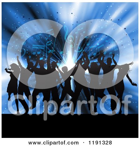 Clipart of Silhouetted People Dancing over Music Notes and Blue Lights - Royalty Free Vector Illustration by KJ Pargeter