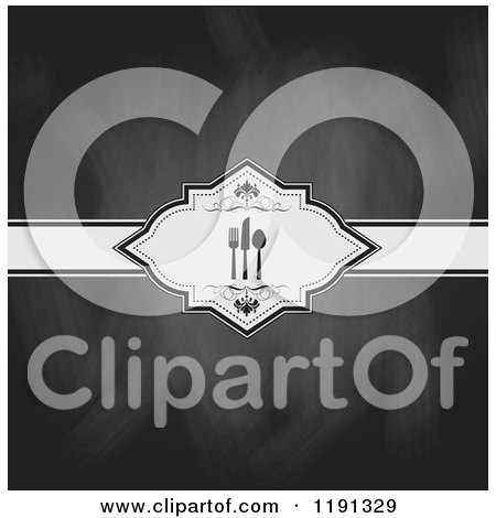 Clipart of a White Label and Ribbon with Silverware over a Black Board Texture Menu - Royalty Free Vector Illustration by KJ Pargeter