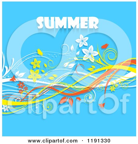Clipart of Summer Text over Floral Vine Waves on Blue - Royalty Free Vector Illustration by KJ Pargeter
