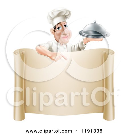 Cartoon of a Male Chef Holding a Platter and Pointing down at a Scroll Menu - Royalty Free Vector Clipart by AtStockIllustration