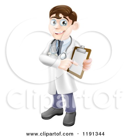 Cartoon of a Friendly Male Doctor Holding and Pointing to Medical Chart - Royalty Free Vector Clipart by AtStockIllustration