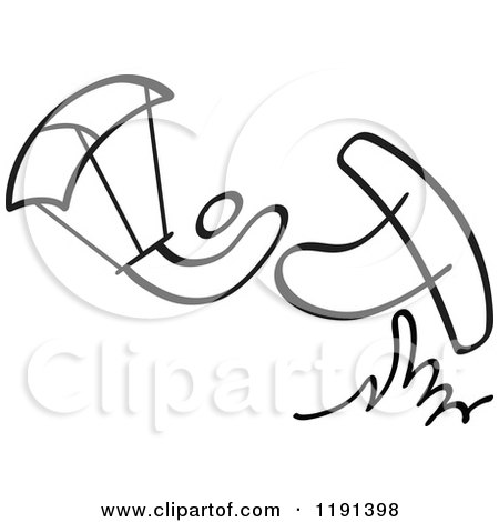 Clipart of a Black and White Stick Drawing of a Person Kite Surfing - Royalty Free Vector Illustration by Zooco