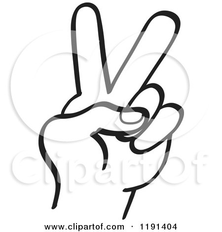 Clipart of a Black and White Hand Gesturing Victory - Royalty Free Vector Illustration by Zooco