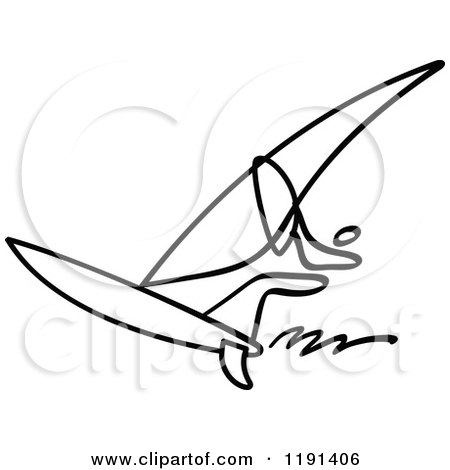 Clipart of a Black and White Stick Drawing of a Person Windsurfing - Royalty Free Vector Illustration by Zooco