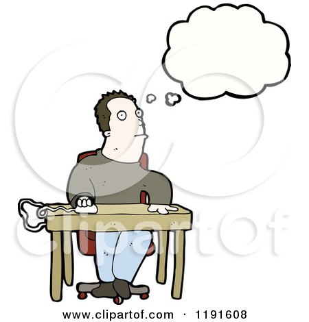 Cartoon of a Man at a Computer Desk Thinking - Royalty Free Vector Illustration by lineartestpilot