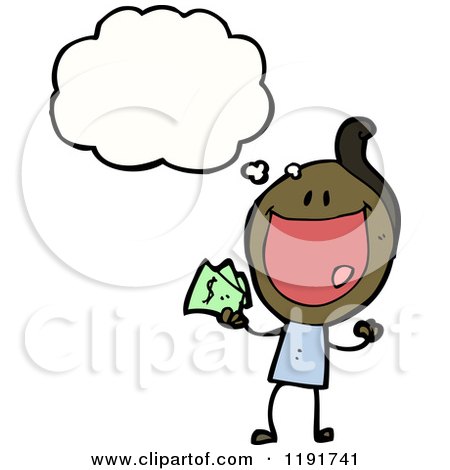 Cartoon of a Stick Girl with Money Thinking - Royalty Free Vector Illustration by lineartestpilot