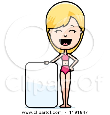Cartoon of a Happy Woman in a Swimsuit, Standing by a Sign - Royalty Free Vector Clipart by Cory Thoman