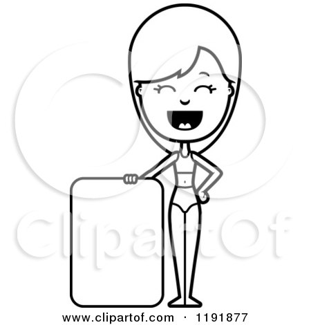 Cartoon of a Black and White Happy Woman in a Swimsuit, Standing by a Sign - Royalty Free Vector Clipart by Cory Thoman