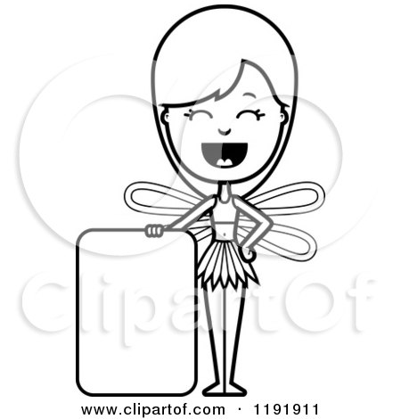 Cartoon of a Black and White Happy Fairy Standing by a Sign - Royalty Free Vector Clipart by Cory Thoman