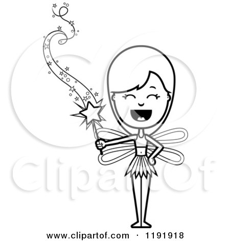 Cartoon of a Black and White Happy Fairy Holding a Magic Wand - Royalty Free Vector Clipart by Cory Thoman