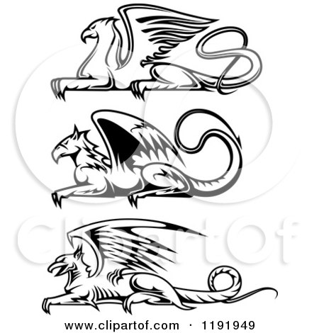 Clipart of Black and White Resting Griffins - Royalty Free Vector Illustration by Vector Tradition SM