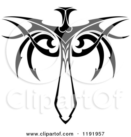 Clipart of a Black and White Tribal Winged Sword 9 - Royalty Free Vector Illustration by Vector Tradition SM