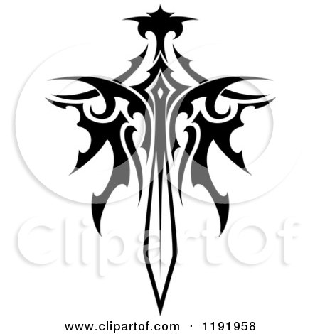 Clipart of a Black and White Tribal Winged Sword 8 - Royalty Free Vector Illustration by Vector Tradition SM