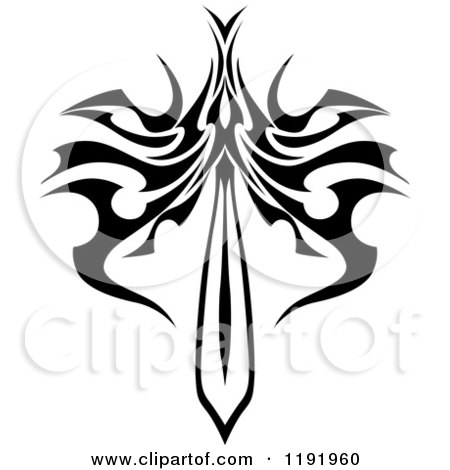 Clipart of a Black and White Tribal Winged Sword 11 - Royalty Free Vector Illustration by Vector Tradition SM