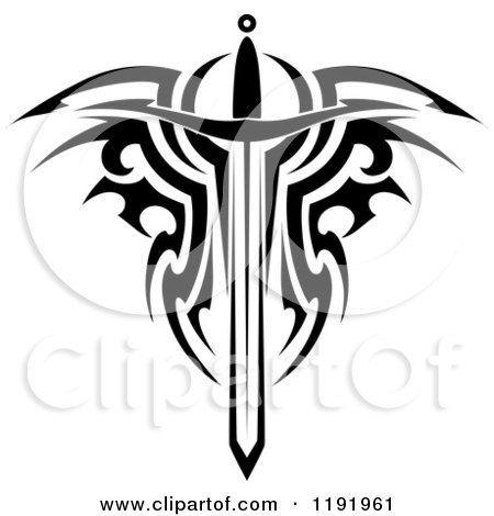Clipart of a Black and White Tribal Winged Sword 12 - Royalty Free Vector Illustration by Vector Tradition SM