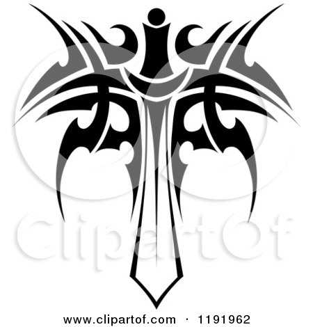 Clipart of a Black and White Tribal Winged Sword 13 - Royalty Free Vector Illustration by Vector Tradition SM