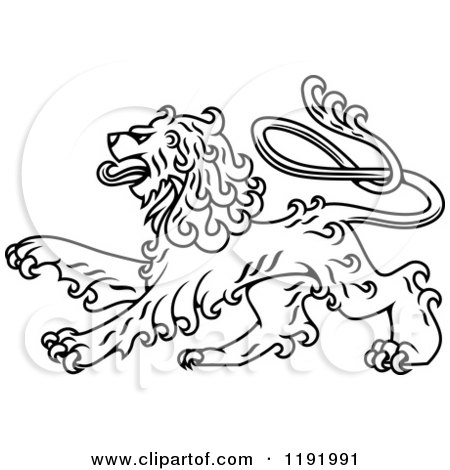 Clipart of a Black and White Curly Haired Royal Heraldic Lion - Royalty Free Vector Illustration by Vector Tradition SM