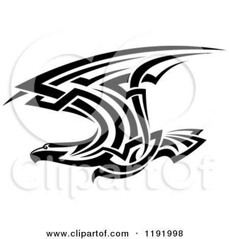 Clipart of a Black and White Flying Tribal Eagle Falcon or Hawk 2 - Royalty Free Vector Illustration by Vector Tradition SM