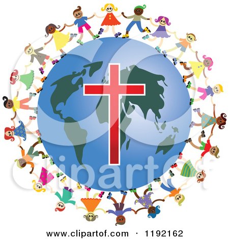 Clipart of Diverse Christian Kids Holding Hands Around A Globe With A Cross - Royalty Free Vector Illustration by Prawny