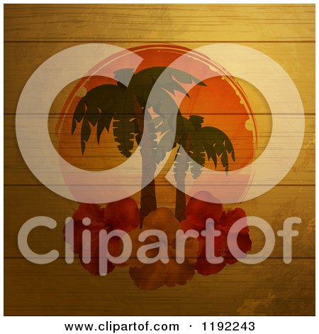 Clipart of a Sunset with Palm Trees and Hibiscus Flowers on Distressed Wood Panels - Royalty Free Vector Illustration by elaineitalia
