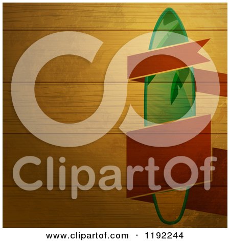 Clipart of a Red Banner and Surfboard on Wood Panels - Royalty Free Vector Illustration by elaineitalia
