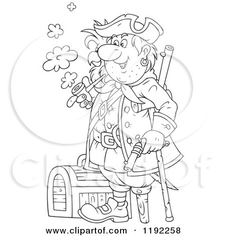 Cartoon of an Outlined Happy Peg Legged Pirate with a Parrot, Smoking a Pipe by a Treasure Chest - Royalty Free Vector Clipart by Alex Bannykh