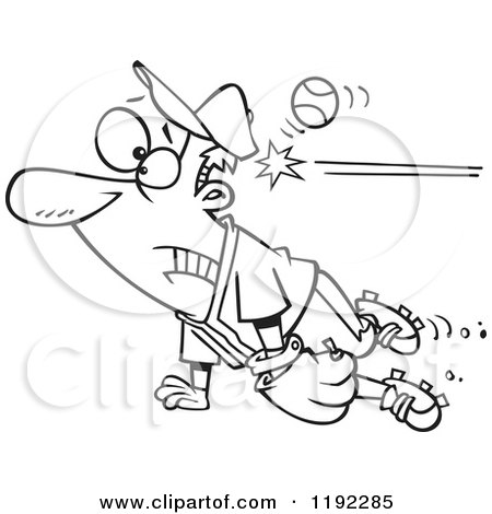 Cartoon Black and White Line Art of a Distracted Baseball Player Getting Whacked in the Head - Royalty Free Vector Clipart by toonaday