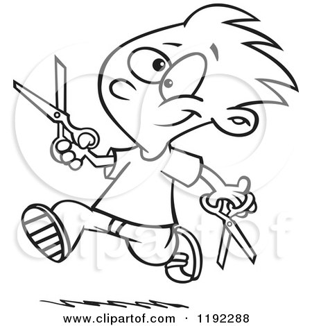 Cartoon Black and White Line Art of a Happy Boy Dangerously Running with Scissors - Royalty Free Vector Clipart by toonaday