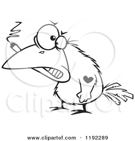 Cartoon Black and White Line Art of a Bad Crow Smoking a Cigar and Sporting a Heart Tattoo - Royalty Free Vector Clipart by toonaday